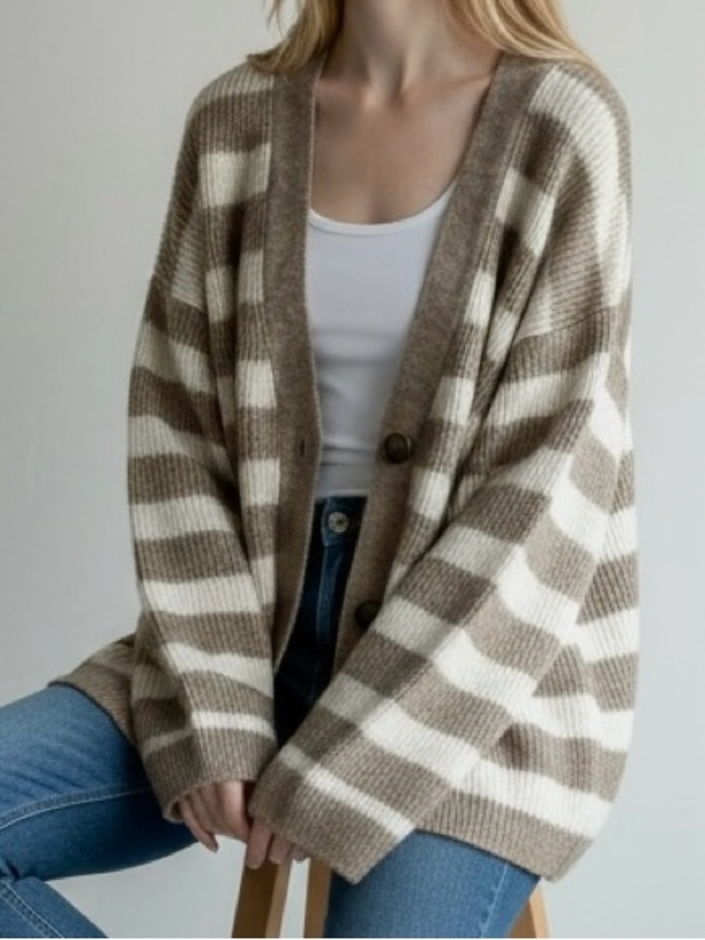 H&M Beige & White Striped Oversized Rib Knit Cardigan